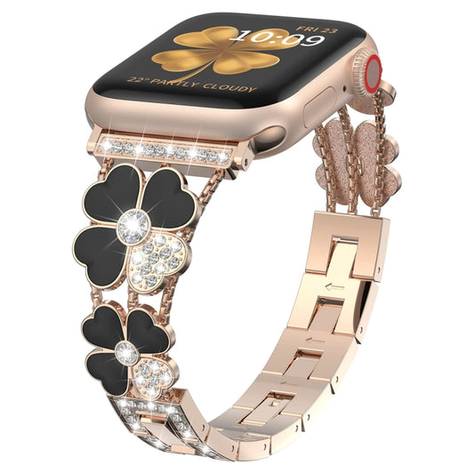 For Apple Watch 4 44mm Petal Metal Diamond Watch Band(Rose Gold+Black) - Watch Bands by PMC Jewellery | Online Shopping South Africa | PMC Jewellery