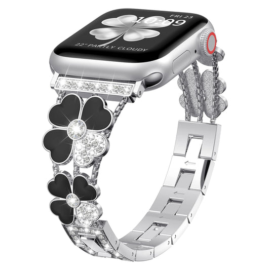 For Apple Watch 4 44mm Petal Metal Diamond Watch Band(Sliver+Black) -  by PMC Jewellery | Online Shopping South Africa | PMC Jewellery