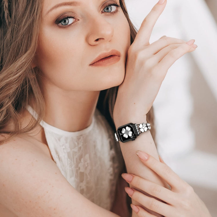 For Apple Watch 38mm Petal Metal Diamond Watch Band(Black+White) -  by PMC TechLife | Online Shopping South Africa | PMC TechLife