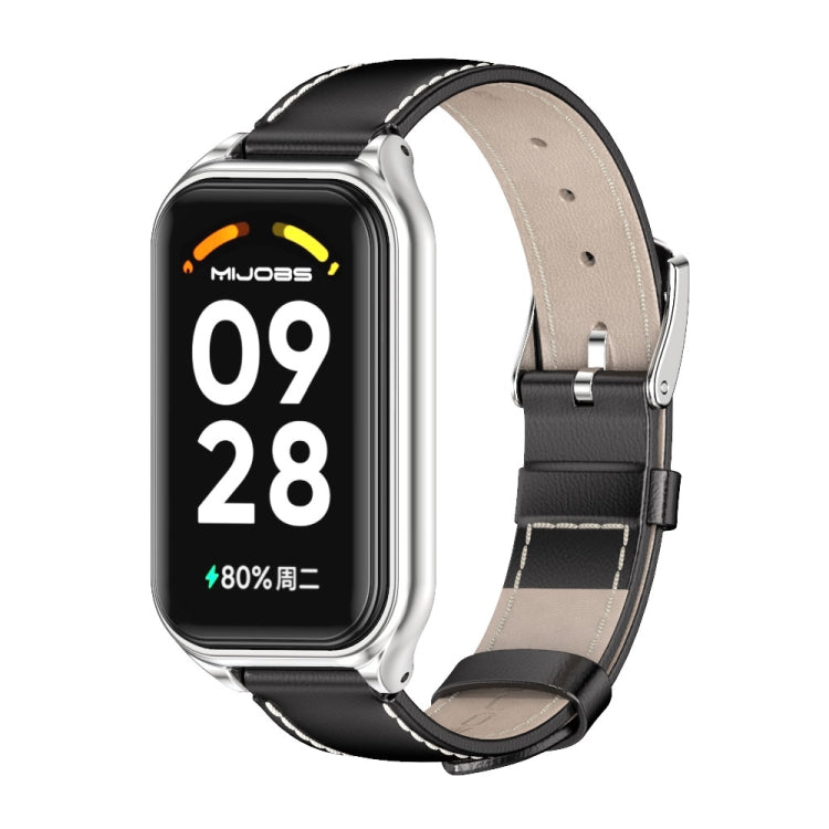 For Xiaomi Smart Band 8 Active / Redmi Band 2 Mijobs Metal Shell Genuine Leather Watch Band(Black Silver) - Watch Bands by MIJOBS | Online Shopping South Africa | PMC TechLife | Buy Now Pay Later Mobicred
