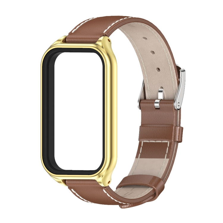 For Xiaomi Smart Band 8 Active / Redmi Band 2 Mijobs Metal Shell Genuine Leather Watch Band(Brown Gold) - Watch Bands by MIJOBS | Online Shopping South Africa | PMC TechLife | Buy Now Pay Later Mobicred
