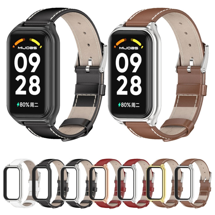 For Xiaomi Smart Band 8 Active / Redmi Band 2 Mijobs Metal Shell Genuine Leather Watch Band(Brown Silver) - Watch Bands by MIJOBS | Online Shopping South Africa | PMC TechLife | Buy Now Pay Later Mobicred