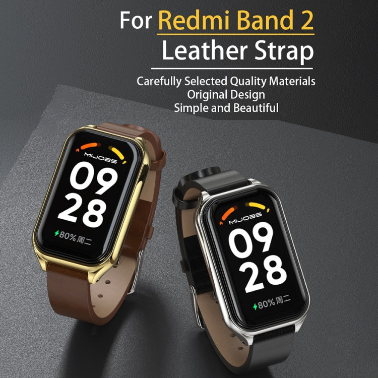 For Xiaomi Smart Band 8 Active / Redmi Band 2 Mijobs Metal Shell Genuine Leather Watch Band(Brown Silver) - Watch Bands by MIJOBS | Online Shopping South Africa | PMC TechLife | Buy Now Pay Later Mobicred