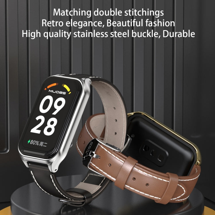 For Xiaomi Smart Band 8 Active / Redmi Band 2 Mijobs Metal Shell Genuine Leather Watch Band(Black) - Watch Bands by MIJOBS | Online Shopping South Africa | PMC TechLife | Buy Now Pay Later Mobicred