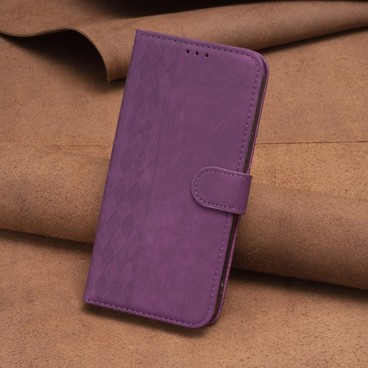 For iPhone 14 Pro Plaid Embossed Leather Phone Case(Purple) - iPhone 14 Pro Cases by PMC Jewellery | Online Shopping South Africa | PMC Jewellery