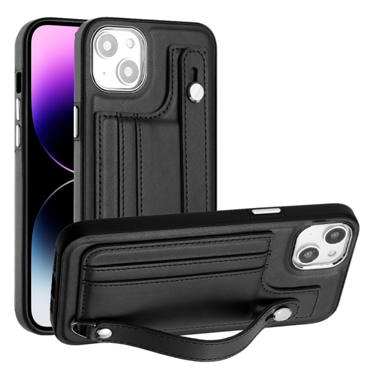 For iPhone 14 Shockproof Leather Phone Case with Wrist Strap(Black) - iPhone 14 Cases by PMC Jewellery | Online Shopping South Africa | PMC Jewellery