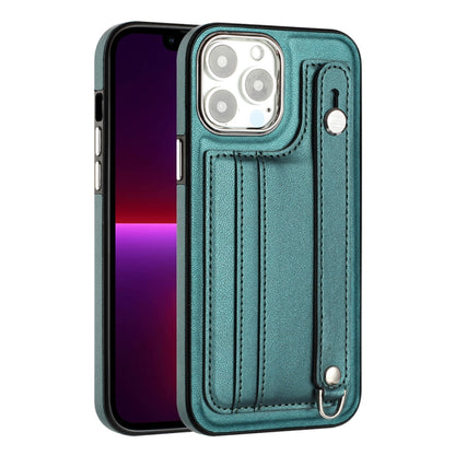 For iPhone 14 Pro Shockproof Leather Phone Case with Wrist Strap(Green) - iPhone 14 Pro Cases by PMC Jewellery | Online Shopping South Africa | PMC Jewellery