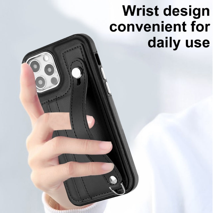 For iPhone 12 / 12 Pro Shockproof Leather Phone Case with Wrist Strap(Black) - iPhone 12 / 12 Pro Cases by PMC Jewellery | Online Shopping South Africa | PMC Jewellery