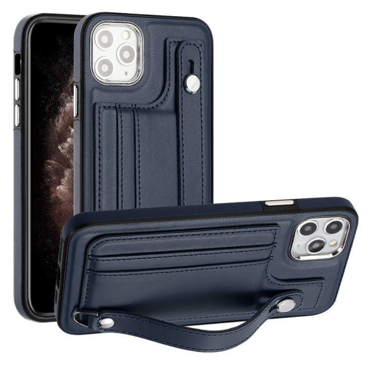 For iPhone 11 Pro Max Shockproof Leather Phone Case with Wrist Strap(Blue) - iPhone 11 Pro Max Cases by PMC Jewellery | Online Shopping South Africa | PMC Jewellery