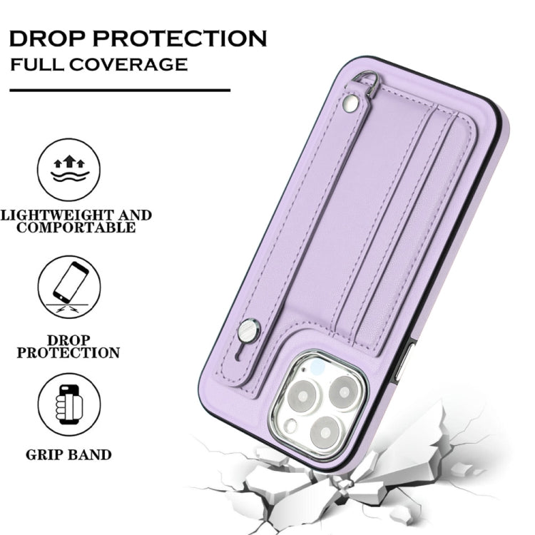 For iPhone 15 Pro Shockproof Leather Phone Case with Wrist Strap(Purple) - iPhone 15 Pro Cases by PMC Jewellery | Online Shopping South Africa | PMC Jewellery