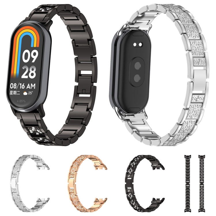 For Xiaomi Mi Band 8 Three-beads Full Diamond Metal Watch Band(Rose Gold) - Watch Bands by PMC TechLife | Online Shopping South Africa | PMC TechLife