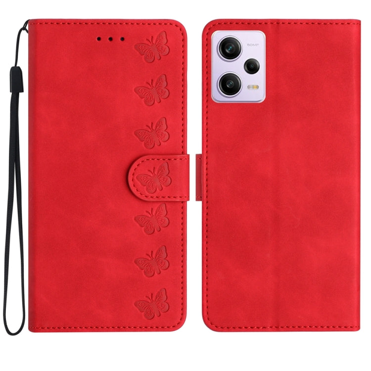 For Xiaomi Redmi Note 12 Pro 5G Global Seven Butterflies Embossed Leather Phone Case(Red) - free shipping - PMC TechLife - Order now!
