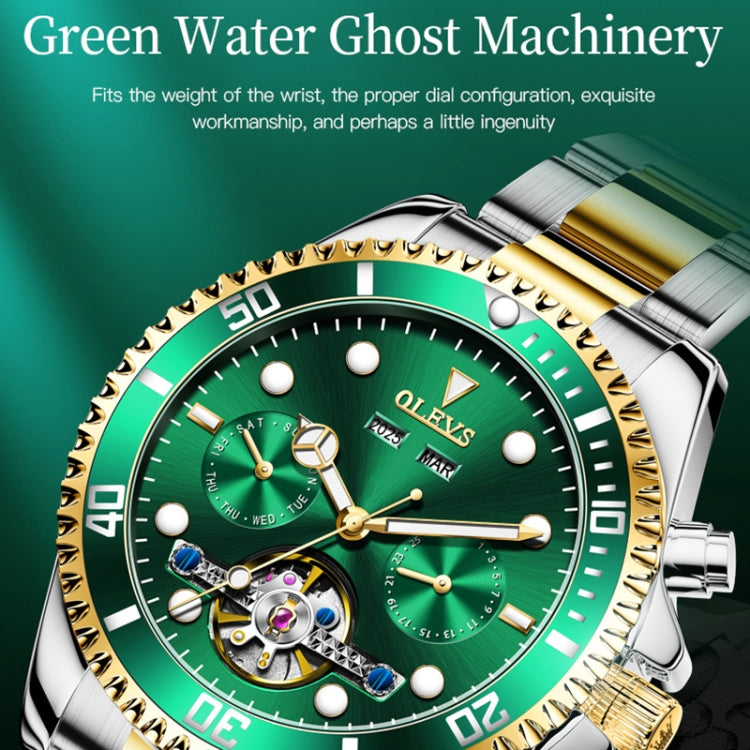 OLEVS 6605 Men Multifunctional Waterproof Mechanical Watch(Green + Gold) - Metal Strap Watches by OLEVS | Online Shopping South Africa | PMC Jewellery