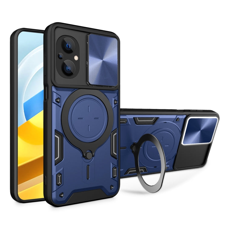 For Xiaomi Poco M5 5G CD Texture Sliding Camshield Magnetic Holder Phone Case(Blue) - Poco M5 Cases by PMC Jewellery | Online Shopping South Africa | PMC Jewellery