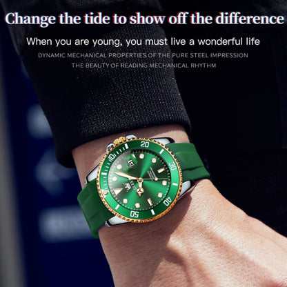 OLEVS 6650 Men Luminous Waterproof Silicone Strap Mechanical Watch(Green + Gold) - Silicone Strap Watches by OLEVS | Online Shopping South Africa | PMC Jewellery