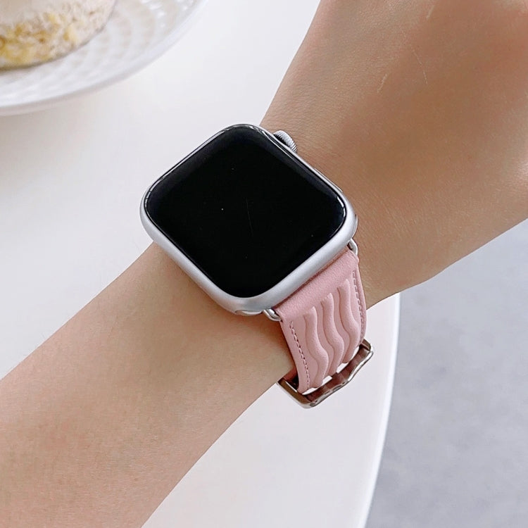 Embossed Line Genuine Leather Watch Band For Apple Watch 8 41mm(Pink) - Watch Bands by PMC TechLife | Online Shopping South Africa | PMC TechLife