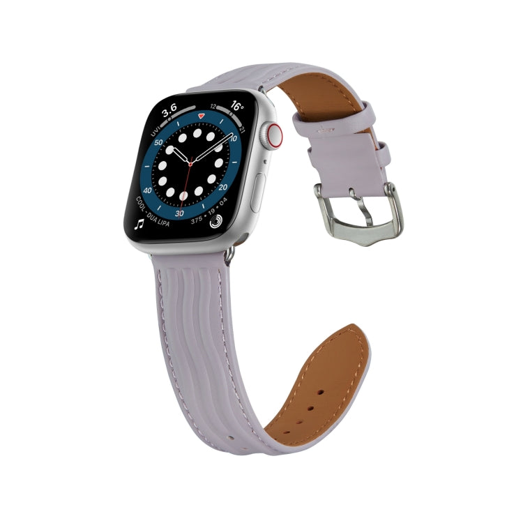 Embossed Line Genuine Leather Watch Band For Apple Watch 8 41mm(Lavender Purple) - Watch Bands by PMC Jewellery | Online Shopping South Africa | PMC Jewellery