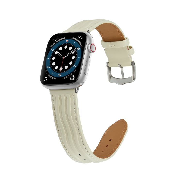 Embossed Line Genuine Leather Watch Band For Apple Watch 8 41mm(Milky White) - Watch Bands by PMC TechLife | Online Shopping South Africa | PMC TechLife