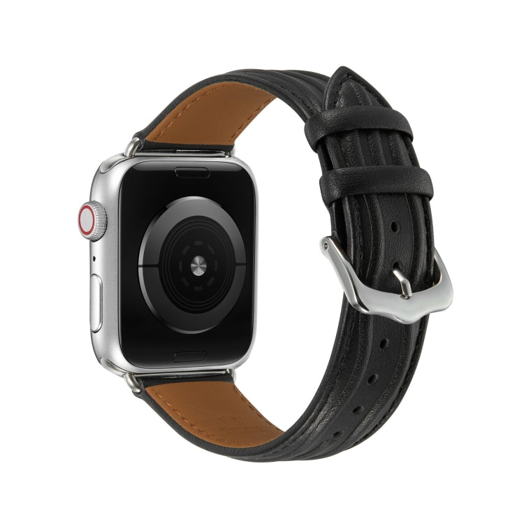 Embossed Line Genuine Leather Watch Band For Apple Watch 8 45mm(Black) - Watch Bands by PMC TechLife | Online Shopping South Africa | PMC TechLife