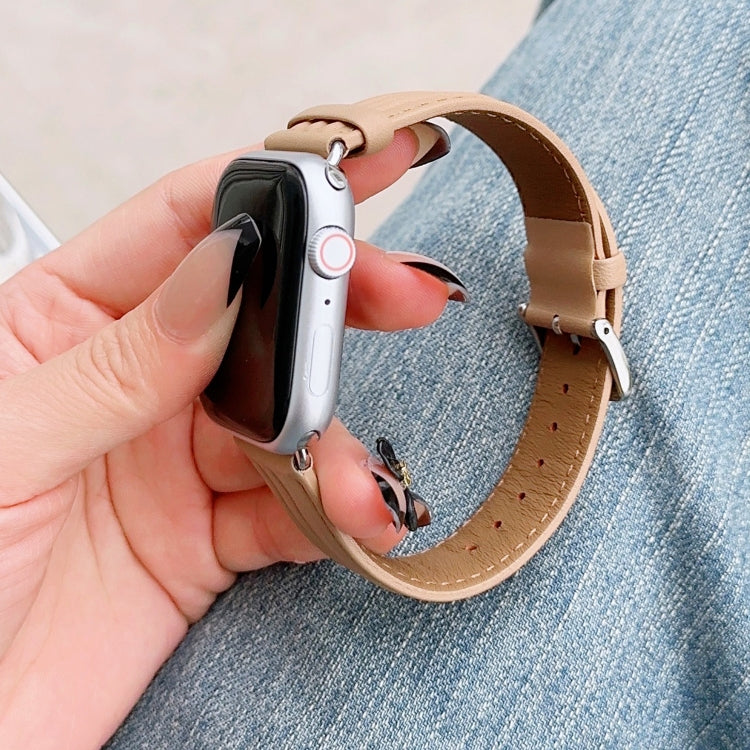 Embossed Line Genuine Leather Watch Band For Apple Watch 8 45mm(Khaki) - Watch Bands by PMC TechLife | Online Shopping South Africa | PMC TechLife