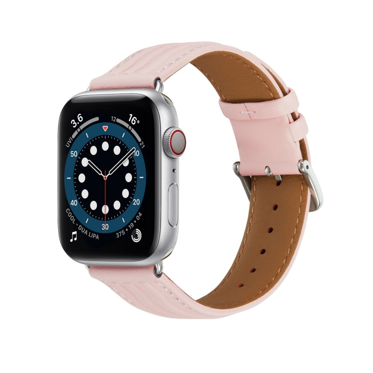 Embossed Line Genuine Leather Watch Band For Apple Watch 7 41mm(Pink) - Watch Bands by PMC TechLife | Online Shopping South Africa | PMC TechLife