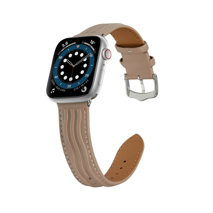 Embossed Line Genuine Leather Watch Band For Apple Watch 7 41mm(Milky Brown) - Watch Bands by PMC TechLife | Online Shopping South Africa | PMC TechLife