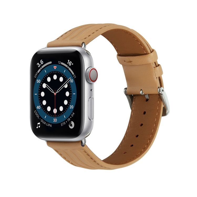 Embossed Line Genuine Leather Watch Band For Apple Watch 6 44mm(Khaki) - Watch Bands by PMC Jewellery | Online Shopping South Africa | PMC Jewellery