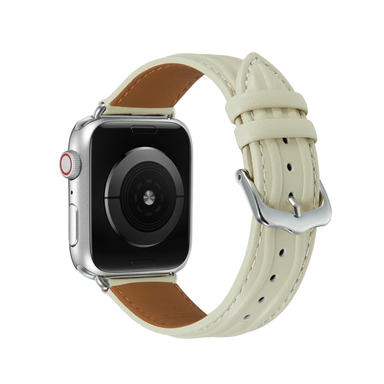 Embossed Line Genuine Leather Watch Band For Apple Watch 5 40mm(Milky White) - Watch Bands by PMC TechLife | Online Shopping South Africa | PMC TechLife