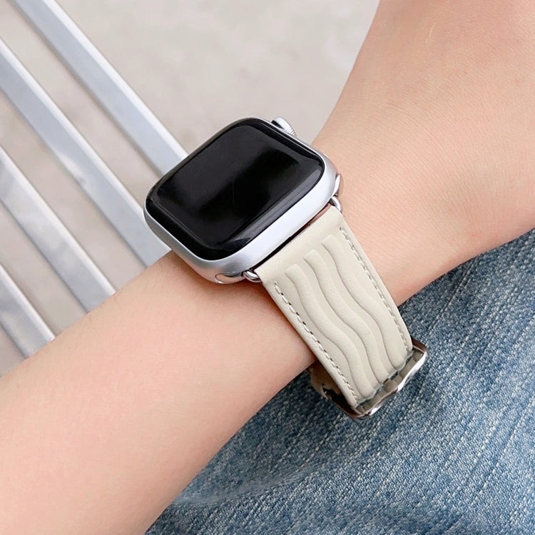 Embossed Line Genuine Leather Watch Band For Apple Watch 4 44mm(Milky White) - Watch Bands by PMC Jewellery | Online Shopping South Africa | PMC Jewellery