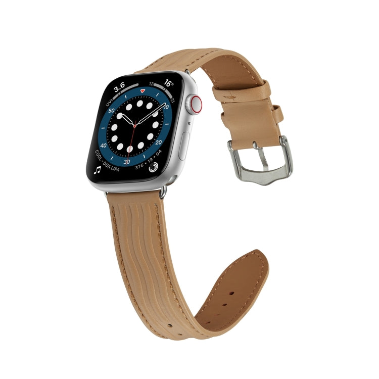 Embossed Line Genuine Leather Watch Band For Apple Watch 3 38mm(Khaki) - Watch Bands by PMC TechLife | Online Shopping South Africa | PMC TechLife