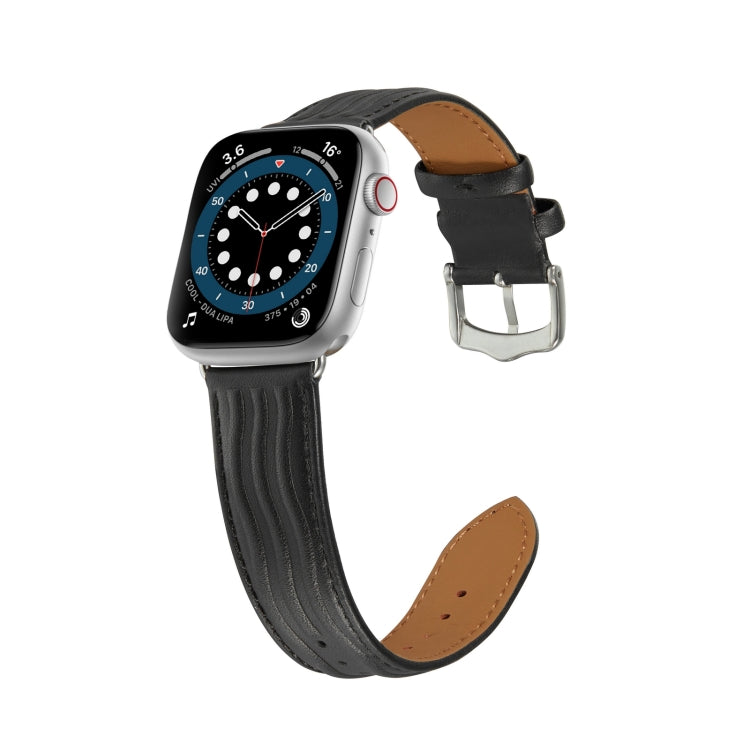 Embossed Line Genuine Leather Watch Band For Apple Watch 42mm(Black) - Watch Bands by PMC TechLife | Online Shopping South Africa | PMC TechLife