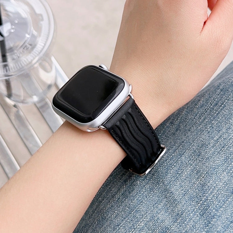 Embossed Line Genuine Leather Watch Band For Apple Watch 42mm(Black) - Watch Bands by PMC TechLife | Online Shopping South Africa | PMC TechLife