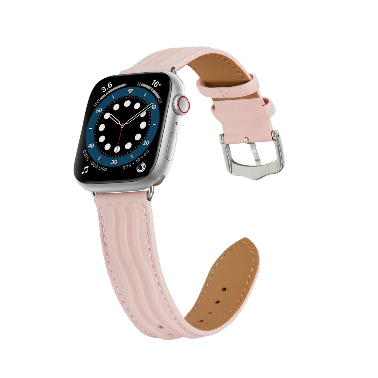 Embossed Line Genuine Leather Watch Band For Apple Watch 38mm(Pink) - Watch Bands by PMC TechLife | Online Shopping South Africa | PMC TechLife