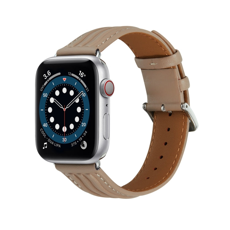 Embossed Line Genuine Leather Watch Band For Apple Watch 38mm(Milky Brown) - Watch Bands by PMC Jewellery | Online Shopping South Africa | PMC Jewellery