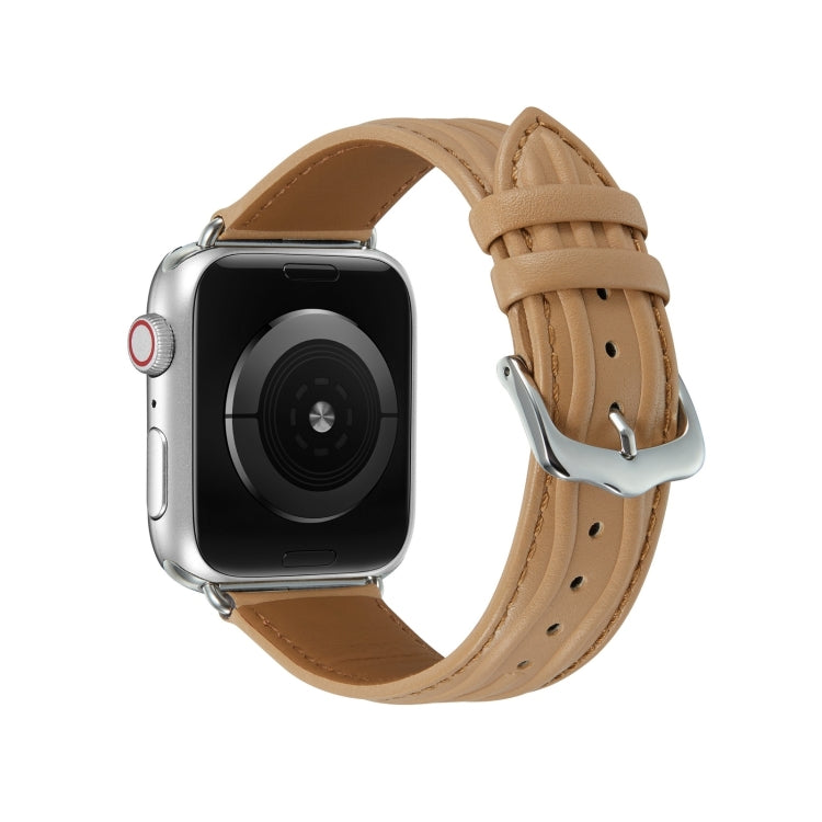 Embossed Line Genuine Leather Watch Band For Apple Watch 9 45mm(Khaki) - Watch Bands by PMC TechLife | Online Shopping South Africa | PMC TechLife