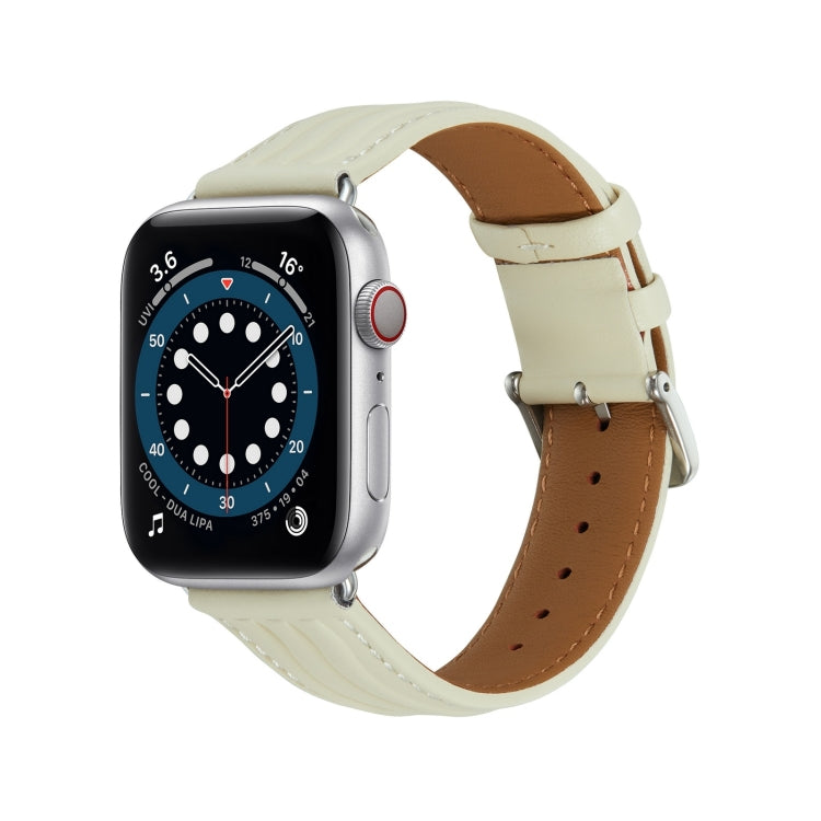 Embossed Line Genuine Leather Watch Band For Apple Watch 9 45mm(Milky White) - Watch Bands by PMC TechLife | Online Shopping South Africa | PMC TechLife