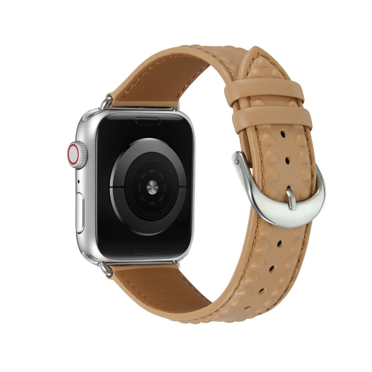 Embossed Love Genuine Leather Watch Band For Apple Watch 8 41mm(Khaki) - Watch Bands by PMC TechLife | Online Shopping South Africa | PMC TechLife