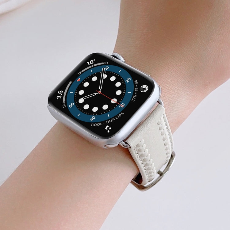 Embossed Love Genuine Leather Watch Band For Apple Watch 7 45mm(Milky White) - Watch Bands by PMC TechLife | Online Shopping South Africa | PMC TechLife
