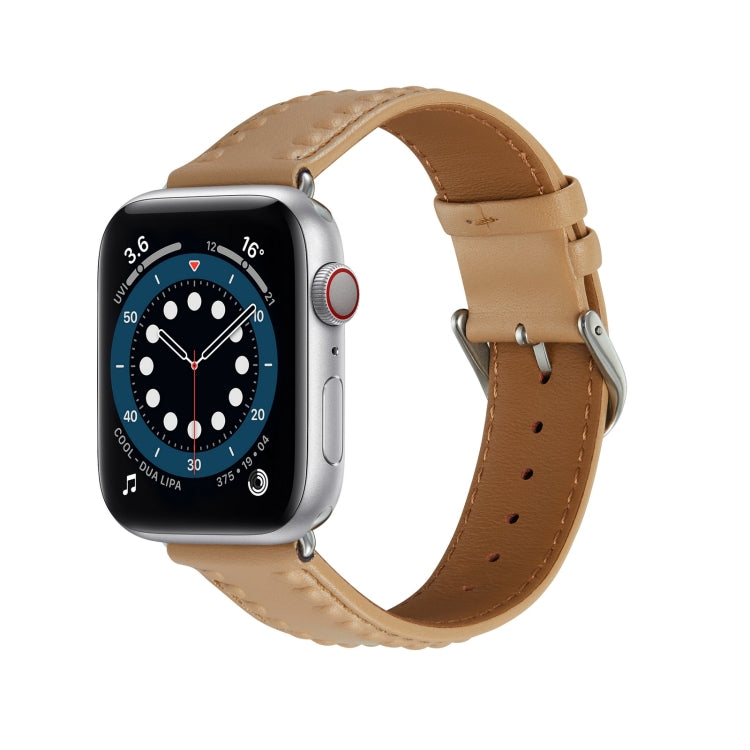 Embossed Love Genuine Leather Watch Band For Apple Watch 5 40mm(Khaki) - Watch Bands by PMC TechLife | Online Shopping South Africa | PMC TechLife