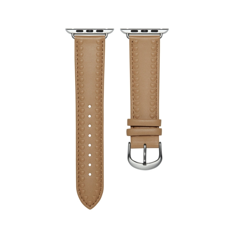 Embossed Love Genuine Leather Watch Band For Apple Watch 9 45mm(Khaki) - Watch Bands by PMC TechLife | Online Shopping South Africa | PMC TechLife