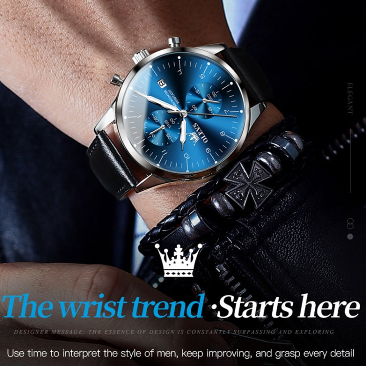 OLEVS 2880 Men Multifunctional Business Waterproof Leather Strap Quartz Watch(Blue) - Leather Strap Watches by OLEVS | Online Shopping South Africa | PMC Jewellery | Buy Now Pay Later Mobicred