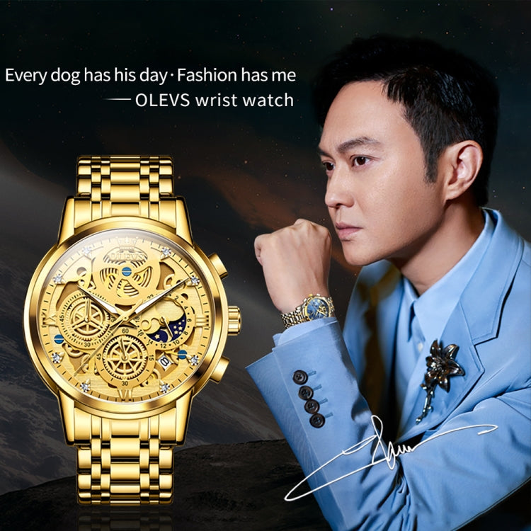 OLEVS 9947 Men Multifunctional Hollow Waterproof Quartz Watch(Gold) - Metal Strap Watches by OLEVS | Online Shopping South Africa | PMC Jewellery | Buy Now Pay Later Mobicred