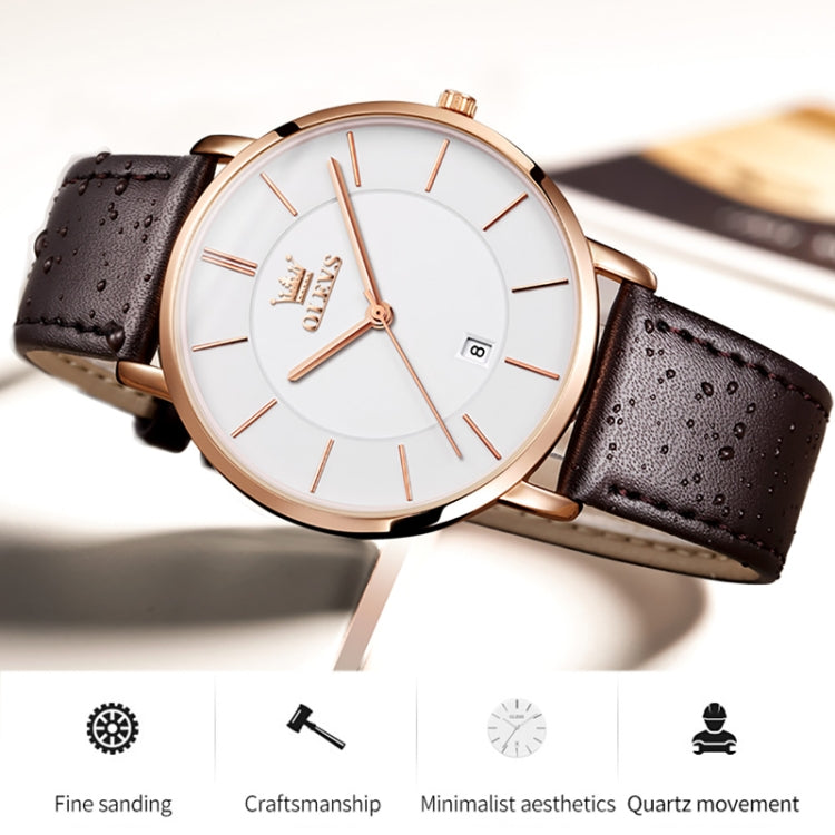 OLEVS 5869 Men Business Waterproof Genuine Leather Strap Quartz Watch(White + Black) - Leather Strap Watches by OLEVS | Online Shopping South Africa | PMC Jewellery