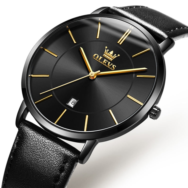 OLEVS 5869 Men Business Waterproof Genuine Leather Strap Quartz Watch(Black) - Leather Strap Watches by OLEVS | Online Shopping South Africa | PMC Jewellery
