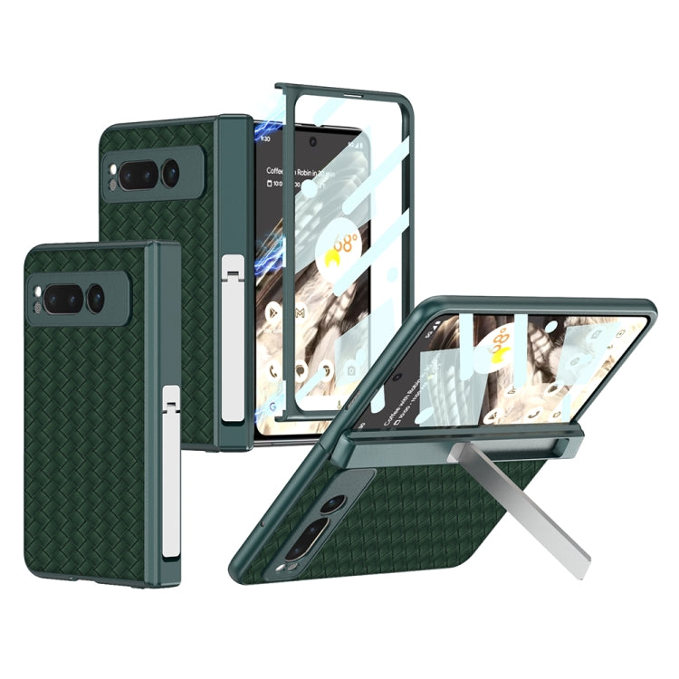 For Google Pixel Fold GKK Integrated Woven Folding Hinge Leather Phone Case with Holder(Green) - Google Cases by GKK | Online Shopping South Africa | PMC Jewellery