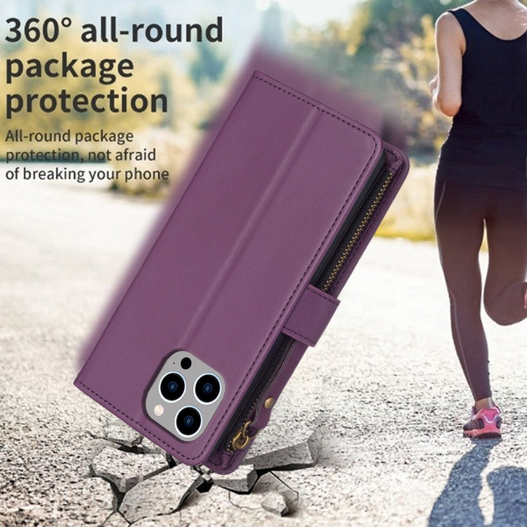 For iPhone 14 Pro 9 Card Slots Zipper Wallet Leather Flip Phone Case(Dark Purple) - free shipping - PMC TechLife - Order now!