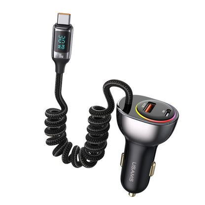 USAMS US-CC192 C37 60W Type-C+USB Dual Port Car Charger with Digital Display 30W Type-C Spring Data Cable(Tarnish) - Car Charger by USAMS | Online Shopping South Africa | PMC Jewellery