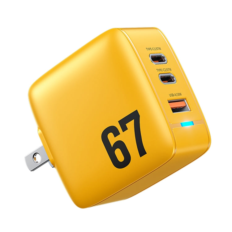 WK WP-U141 67W USB+Double USB-C / Type-C GaN Charger, Plug:US Plug(Yellow) - USB Charger by WK | Online Shopping South Africa | PMC TechLife | Buy Now Pay Later Mobicred