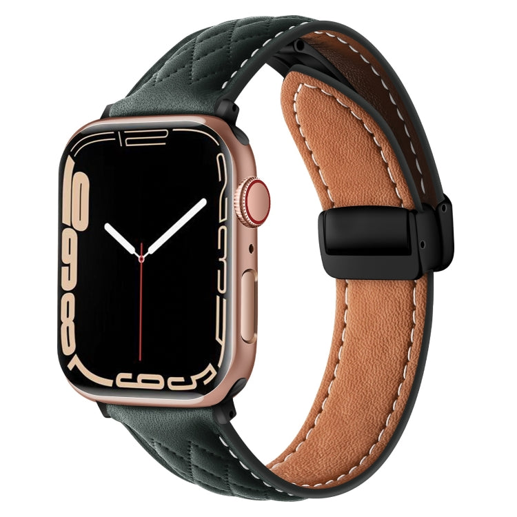 For Apple Watch 8 41mm Folding Buckle Rhombus Leather Watch Band(Green) - Watch Bands by PMC TechLife | Online Shopping South Africa | PMC TechLife
