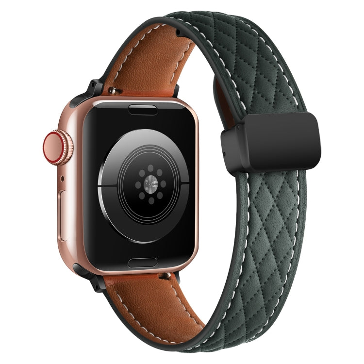 For Apple Watch 8 45mm  Folding Buckle Rhombus Leather Watch Band(Green) - Watch Bands by PMC TechLife | Online Shopping South Africa | PMC TechLife